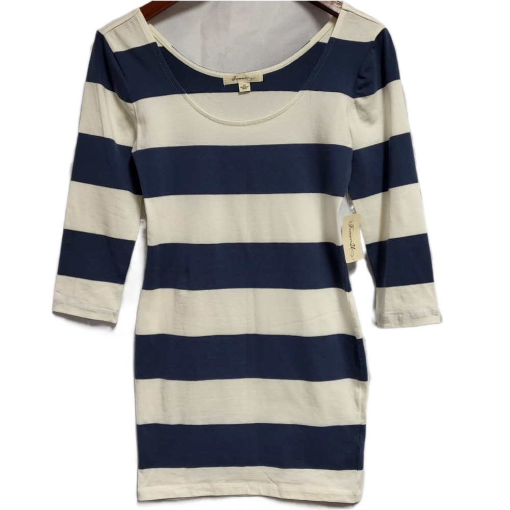 Forever 21 Dress NWT Blue & Off White Fitted 3/4 Sleeve Size S